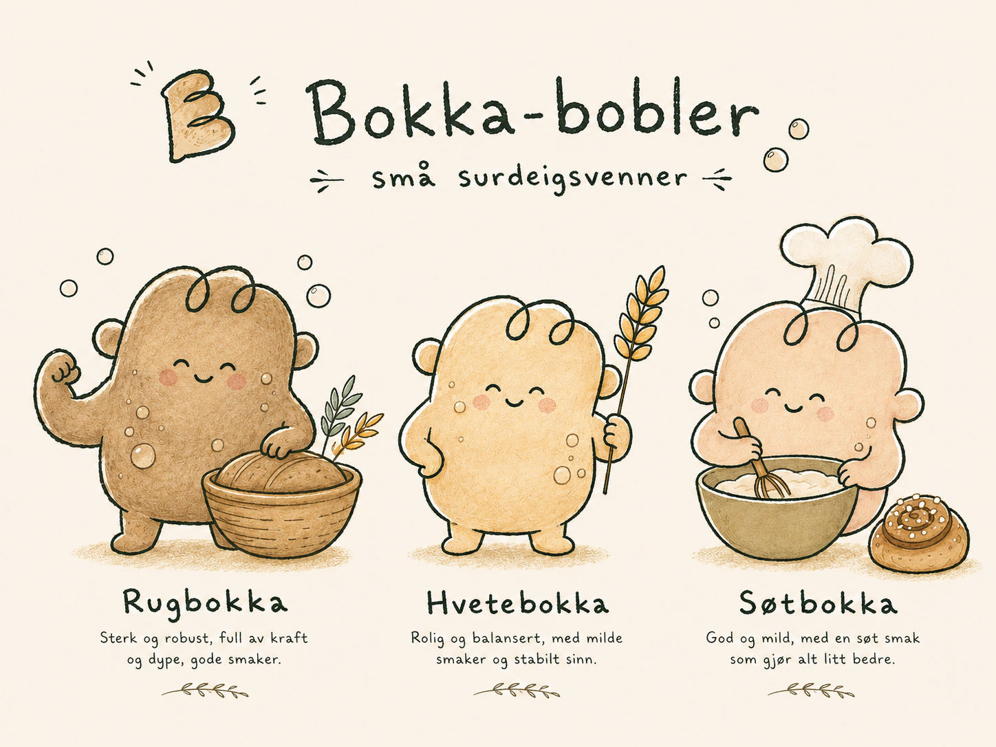 Bokka-boblene: Rugbokka, Hvetebokka og Søtbokka – tre små surdeigsstartere med glade ansikter og bobler